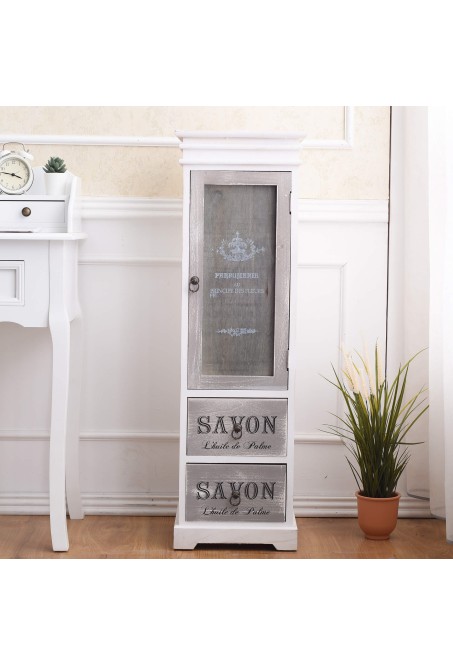 Shabby cabinet with decorative writing 2 drawers and 1 door - Mobili Rebecca
