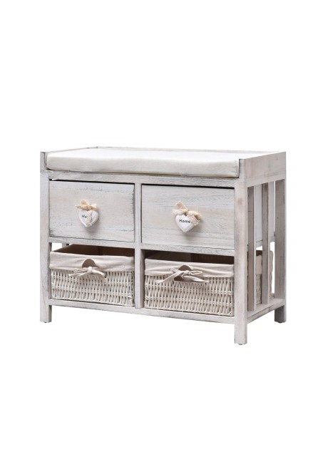 Shabby white pickled bench 2 drawers and 2 wicker baskets - Mobili Rebecca