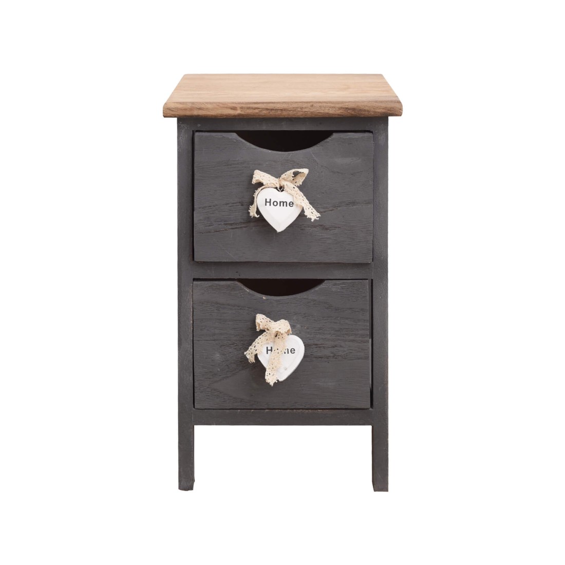 Small shabby gray bedside table with 2 drawers with hearts
