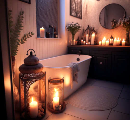 Interno di bel bagno con candele a legna decorate per San Valentino in  serata Foto stock - Alamy