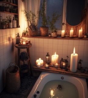 Interno di bel bagno con candele a legna decorate per San